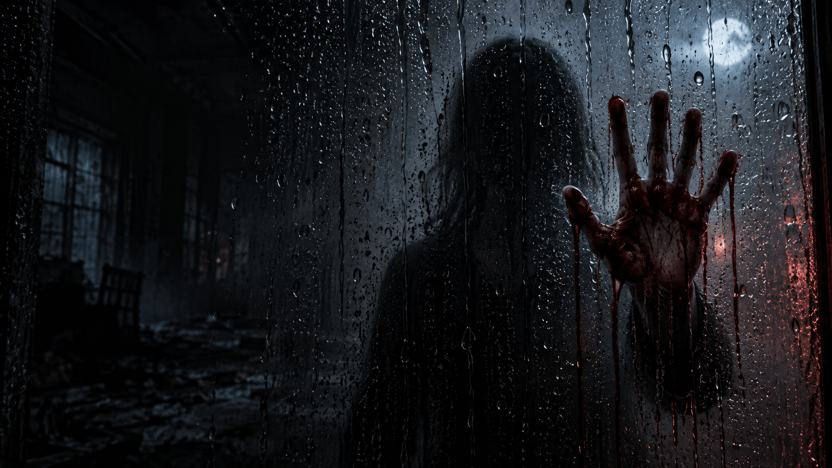 A shadowy figure pressing a bloody hand against rain-covered glass